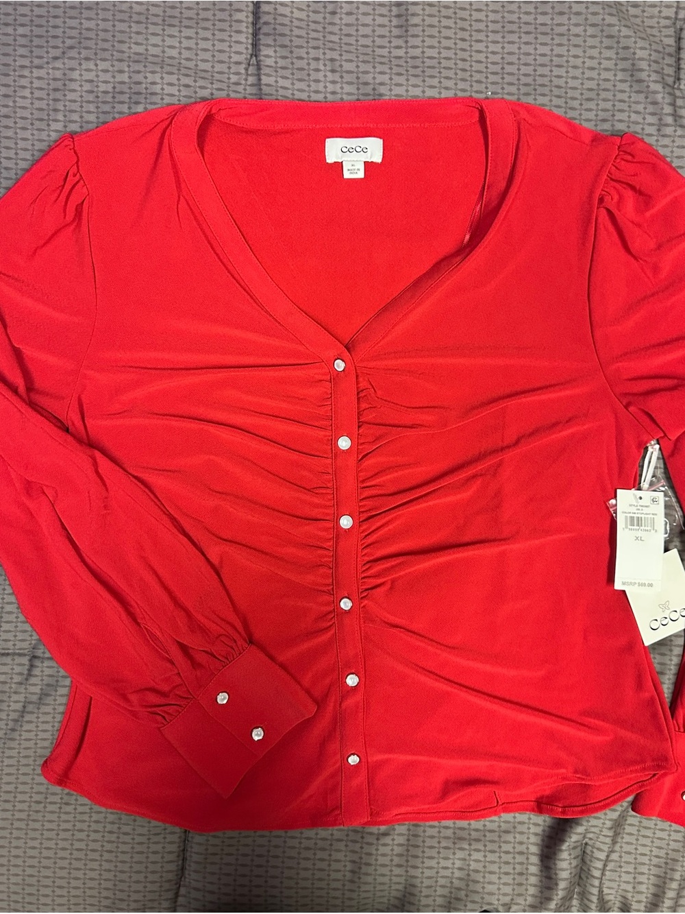 CeCe V-Neck Red Ruched Button-Front Blouse - Picture 3 of 5